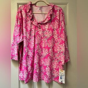 Lulu-B Plus Size 2X Vibrant Pink Coral Pattern Blouse